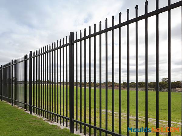 3-rail black ornamental steel tubular fence with spear top.