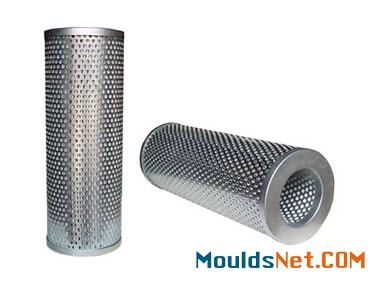 Two perforated cylindrical filter elements on a white background.